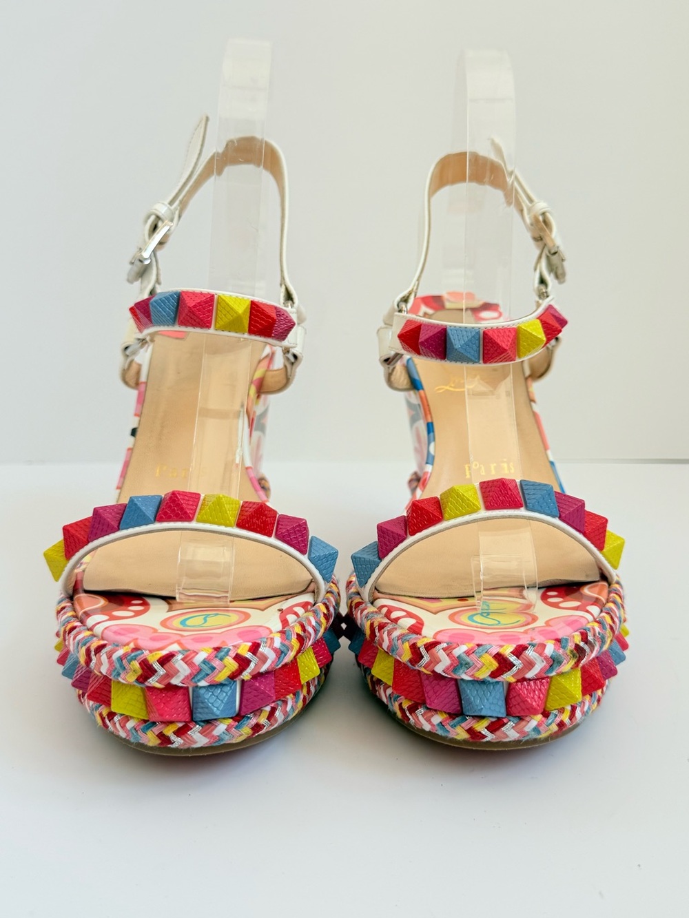 Christian Louboutin Pyraclou 110 Toile Bengale Multicolor Platform Wedge EU 38 - Picture 3 of 10